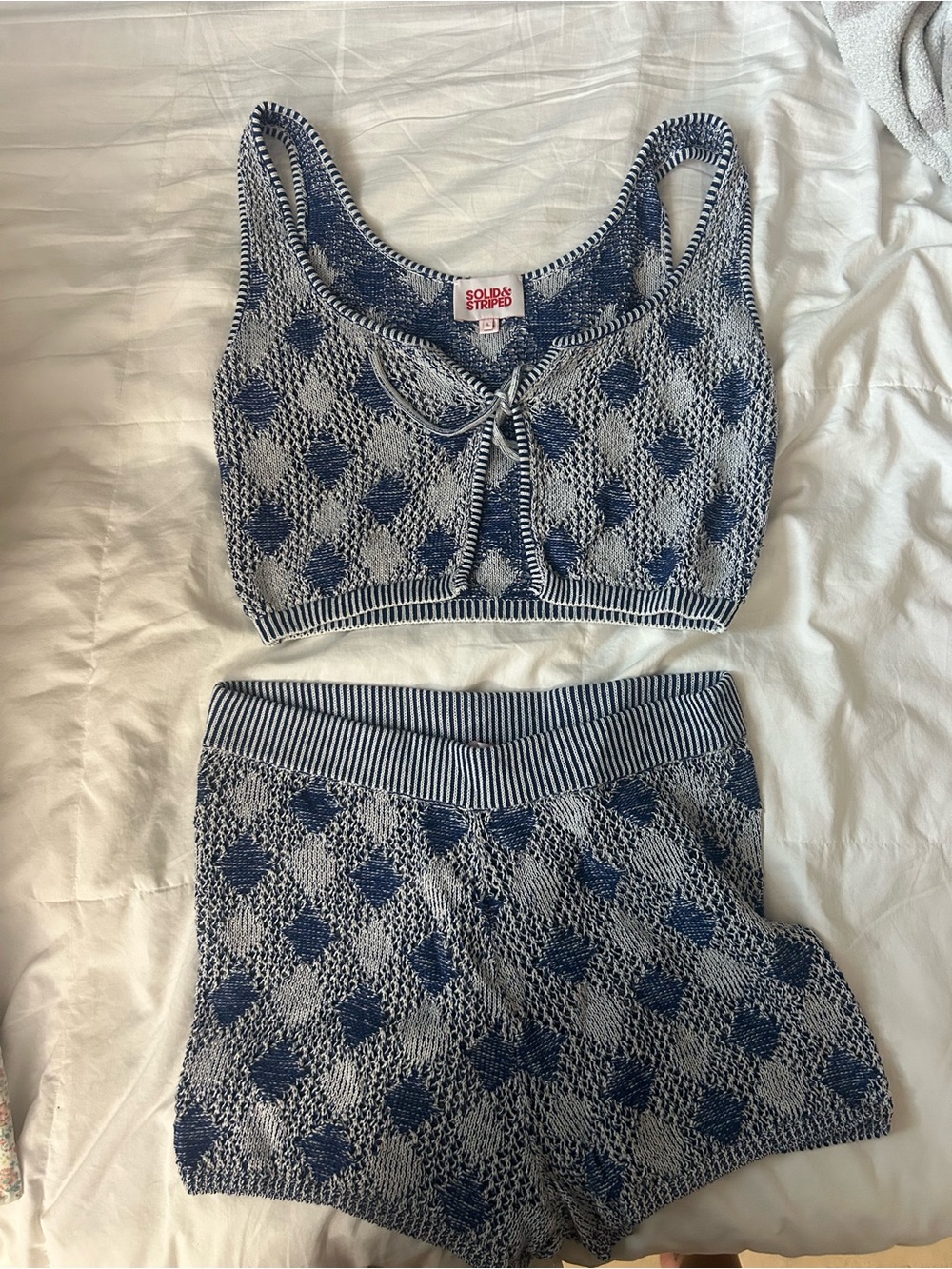 SOLID & STRIPED Navy and White Knit Crop Top & Shorts Set